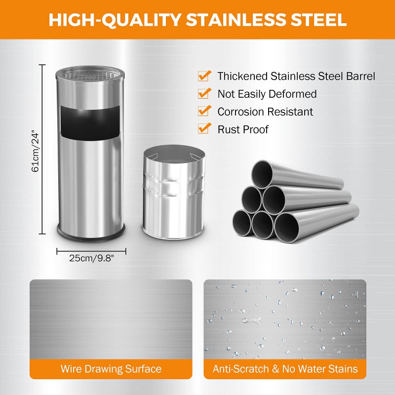 BEAMNOVA Trash Can with Lid Outdoor Indoor Stainless Steel Commercial Garbage Bin Waste Container for Patio Yard Garage with Inside Barrel, Metallic, 9.8 in x 24 in (D * H) - Image 2